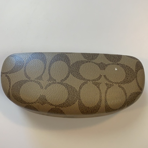 Coach logo brown & Tan faux leather medium hard shell clam case - Picture 1 of 10